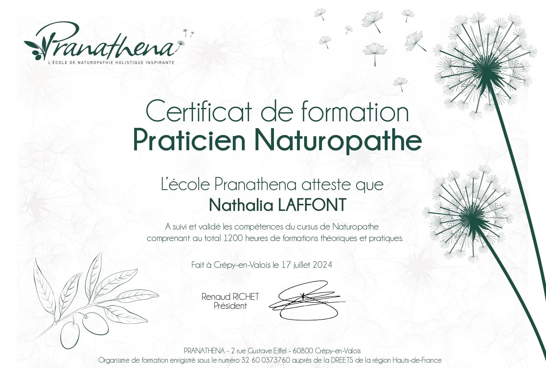 Diplôme de Nathalia Laffont